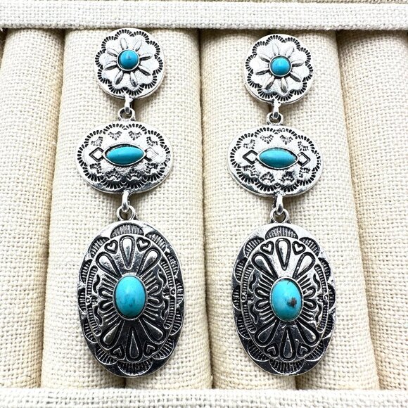Western Concho Style Silver Tone Pierced Earrings Blue Faux Turquoise 3 Inch - Picture 4 of 5